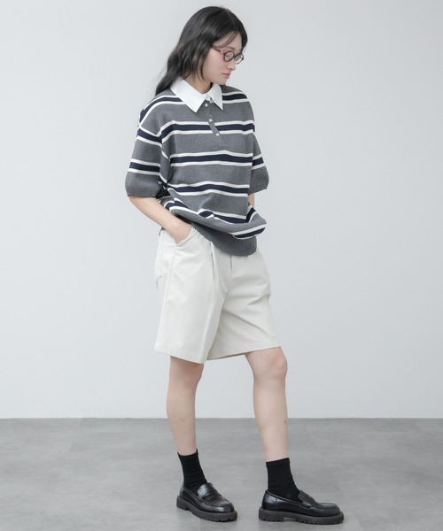 HEILIS(ヘイリス)の「シャツ襟ドッキングニットトップス / ボーダー 無地 ボーダー ポロシャツ ブラウス ニット トップス 5分丈 半袖 オーバーサイズ レイヤード風 韓国 春服 秋服 夏服 オフィスカジュアル グレー ネイビー ブラック ノームコア カジュアル フレンチシック(ニット/セーター・レディース・グレー系/ネイビー系/ブラック/ネイビー・FREE)」の19枚目の写真