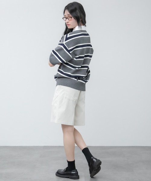 HEILIS(ヘイリス)の「シャツ襟ドッキングニットトップス / ボーダー 無地 ボーダー ポロシャツ ブラウス ニット トップス 5分丈 半袖 オーバーサイズ レイヤード風 韓国 春服 秋服 夏服 オフィスカジュアル グレー ネイビー ブラック ノームコア カジュアル フレンチシック(ニット/セーター・レディース・グレー系/ネイビー系/ブラック/ネイビー・FREE)」の20枚目の写真