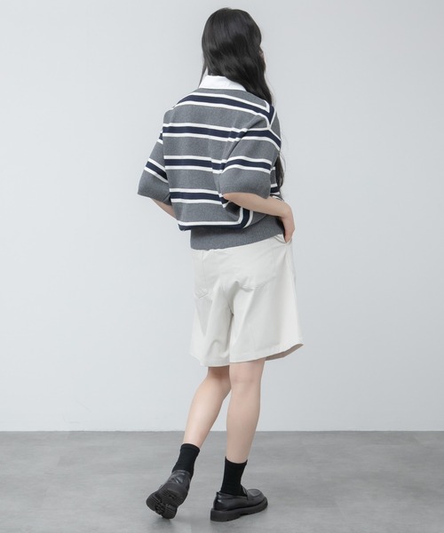HEILIS(ヘイリス)の「シャツ襟ドッキングニットトップス / ボーダー 無地 ボーダー ポロシャツ ブラウス ニット トップス 5分丈 半袖 オーバーサイズ レイヤード風 韓国 春服 秋服 夏服 オフィスカジュアル グレー ネイビー ブラック ノームコア カジュアル フレンチシック(ニット/セーター・レディース・グレー系/ネイビー系/ブラック/ネイビー・FREE)」の21枚目の写真