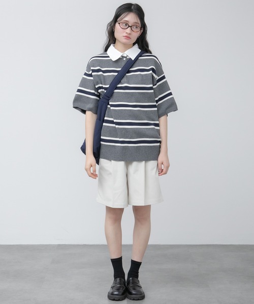 HEILIS(ヘイリス)の「シャツ襟ドッキングニットトップス / ボーダー 無地 ボーダー ポロシャツ ブラウス ニット トップス 5分丈 半袖 オーバーサイズ レイヤード風 韓国 春服 秋服 夏服 オフィスカジュアル グレー ネイビー ブラック ノームコア カジュアル フレンチシック(ニット/セーター・レディース・グレー系/ネイビー系/ブラック/ネイビー・FREE)」の22枚目の写真