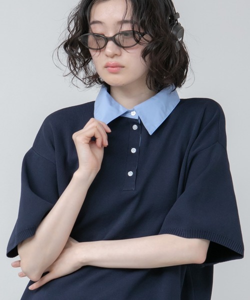 HEILIS(ヘイリス)の「シャツ襟ドッキングニットトップス / ボーダー 無地 ボーダー ポロシャツ ブラウス ニット トップス 5分丈 半袖 オーバーサイズ レイヤード風 韓国 春服 秋服 夏服 オフィスカジュアル グレー ネイビー ブラック ノームコア カジュアル フレンチシック(ニット/セーター・レディース・グレー系/ネイビー系/ブラック/ネイビー・FREE)」の10枚目の写真