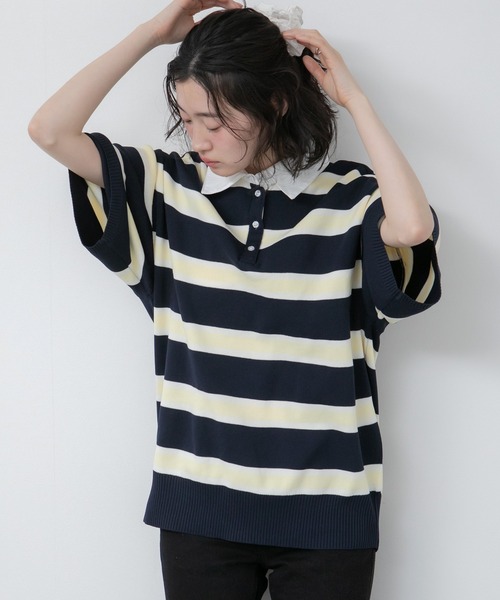 HEILIS(ヘイリス)の「シャツ襟ドッキングニットトップス / ボーダー 無地 ボーダー ポロシャツ ブラウス ニット トップス 5分丈 半袖 オーバーサイズ レイヤード風 韓国 春服 秋服 夏服 オフィスカジュアル グレー ネイビー ブラック ノームコア カジュアル フレンチシック(ニット/セーター・レディース・グレー系/ネイビー系/ブラック/ネイビー・FREE)」の5枚目の写真