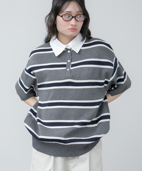 HEILIS(ヘイリス)の「シャツ襟ドッキングニットトップス / ボーダー 無地 ボーダー ポロシャツ ブラウス ニット トップス 5分丈 半袖 オーバーサイズ レイヤード風 韓国 春服 秋服 夏服 オフィスカジュアル グレー ネイビー ブラック ノームコア カジュアル フレンチシック(ニット/セーター・レディース・グレー系/ネイビー系/ブラック/ネイビー・FREE)」の8枚目の写真