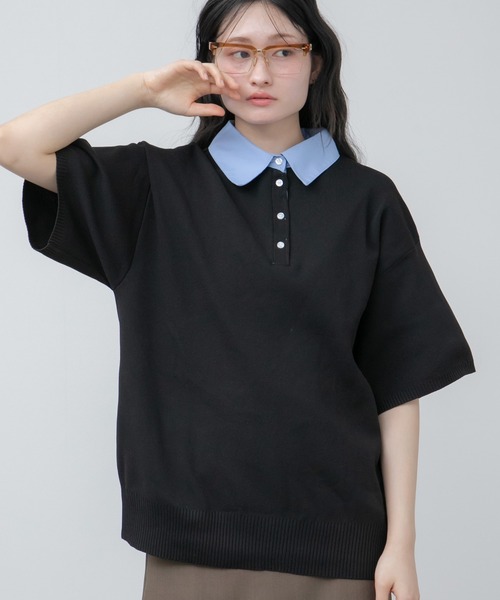 HEILIS(ヘイリス)の「シャツ襟ドッキングニットトップス / ボーダー 無地 ボーダー ポロシャツ ブラウス ニット トップス 5分丈 半袖 オーバーサイズ レイヤード風 韓国 春服 秋服 夏服 オフィスカジュアル グレー ネイビー ブラック ノームコア カジュアル フレンチシック(ニット/セーター・レディース・グレー系/ネイビー系/ブラック/ネイビー・FREE)」の6枚目の写真