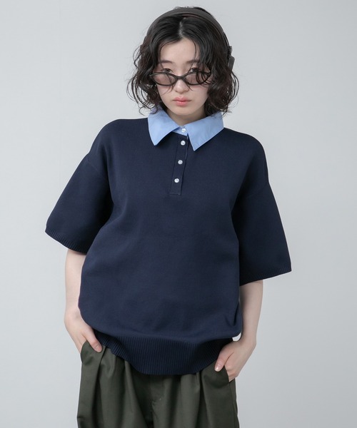 HEILIS(ヘイリス)の「シャツ襟ドッキングニットトップス / ボーダー 無地 ボーダー ポロシャツ ブラウス ニット トップス 5分丈 半袖 オーバーサイズ レイヤード風 韓国 春服 秋服 夏服 オフィスカジュアル グレー ネイビー ブラック ノームコア カジュアル フレンチシック(ニット/セーター・レディース・グレー系/ネイビー系/ブラック/ネイビー・FREE)」の9枚目の写真