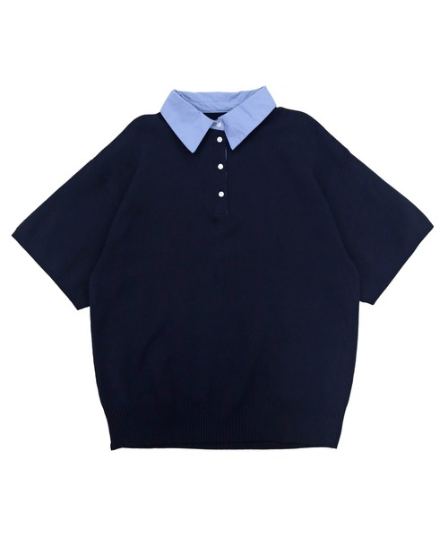 HEILIS(ヘイリス)の「シャツ襟ドッキングニットトップス / ボーダー 無地 ボーダー ポロシャツ ブラウス ニット トップス 5分丈 半袖 オーバーサイズ レイヤード風 韓国 春服 秋服 夏服 オフィスカジュアル グレー ネイビー ブラック ノームコア カジュアル フレンチシック(ニット/セーター・レディース・グレー系/ネイビー系/ブラック/ネイビー・FREE)」の12枚目の写真