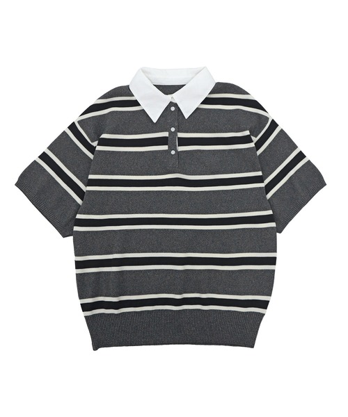 HEILIS(ヘイリス)の「シャツ襟ドッキングニットトップス / ボーダー 無地 ボーダー ポロシャツ ブラウス ニット トップス 5分丈 半袖 オーバーサイズ レイヤード風 韓国 春服 秋服 夏服 オフィスカジュアル グレー ネイビー ブラック ノームコア カジュアル フレンチシック(ニット/セーター・レディース・グレー系/ネイビー系/ブラック/ネイビー・FREE)」の7枚目の写真