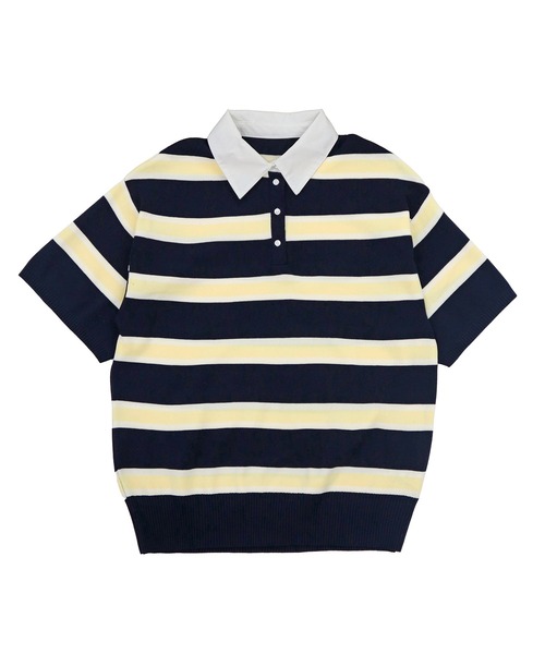 HEILIS(ヘイリス)の「シャツ襟ドッキングニットトップス / ボーダー 無地 ボーダー ポロシャツ ブラウス ニット トップス 5分丈 半袖 オーバーサイズ レイヤード風 韓国 春服 秋服 夏服 オフィスカジュアル グレー ネイビー ブラック ノームコア カジュアル フレンチシック(ニット/セーター・レディース・グレー系/ネイビー系/ブラック/ネイビー・FREE)」の11枚目の写真
