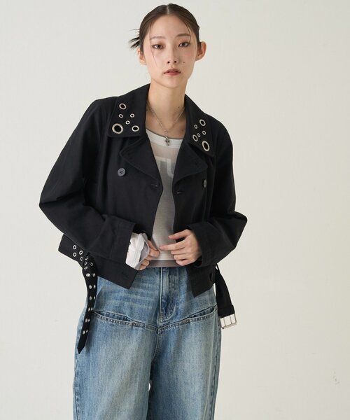 WHO'S WHO gallery（フーズフーギャラリー）の「SHORT EYELET PEA JACKET（ピーコート・レディース・ブラック/ライトグレー/ネイビー・FREE）」の9枚目の写真