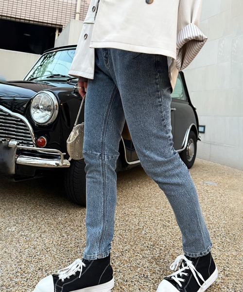 DOUBLE NAME（ダブルネーム）の「【S/M/Lサイズ展開！美脚シルエット！】MIXロック デニムスリムサルエルパンツ（デニムパンツ・レディース・ブラック系/インディゴブルー/サックスブルー・SMALL/LARGE/MEDIUM）」の8枚目の写真