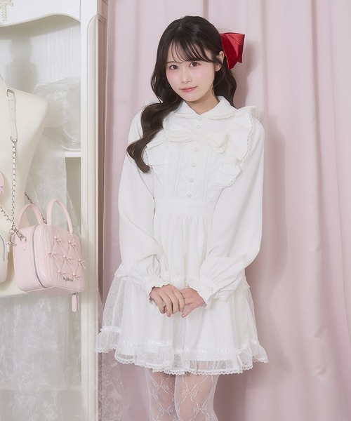 Honey Cinnamon(ハニーシナモン)の「フロントリボンドットチュールワンピース(ワンピース・レディース・ピンク/ホワイト・FREE)」の1枚目の写真