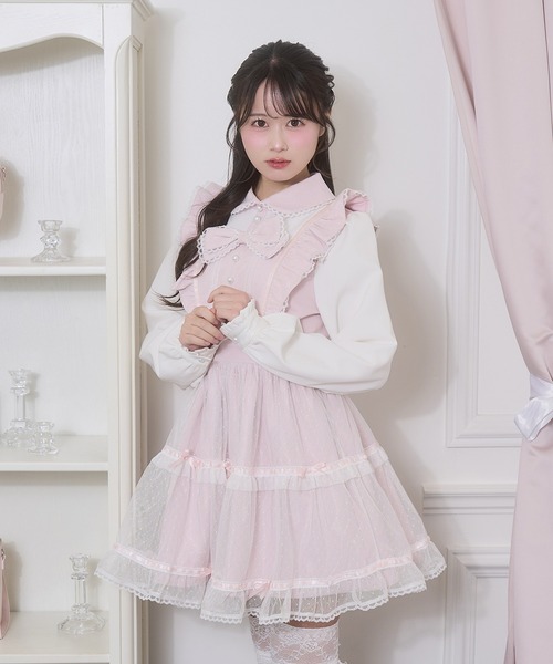 Honey Cinnamon(ハニーシナモン)の「フロントリボンドットチュールワンピース(ワンピース・レディース・ピンク/ホワイト・FREE)」の2枚目の写真