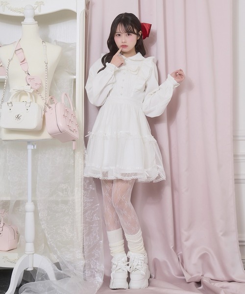 Honey Cinnamon(ハニーシナモン)の「フロントリボンドットチュールワンピース(ワンピース・レディース・ピンク/ホワイト・FREE)」の5枚目の写真