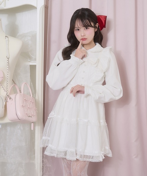 Honey Cinnamon(ハニーシナモン)の「フロントリボンドットチュールワンピース(ワンピース・レディース・ピンク/ホワイト・FREE)」の3枚目の写真