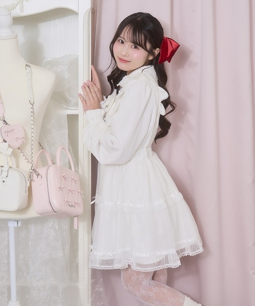 Honey Cinnamon(ハニーシナモン)の「フロントリボンドットチュールワンピース(ワンピース・レディース・ピンク/ホワイト・FREE)」の4枚目の写真