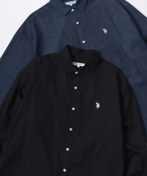 U.S. POLO ASSN.(ユーエスポロアッスン)の「U.S. POLO ASSN./ユーエスポロアッスン Broad Denim Shirt/オーバーサイズ ブロード デニム 無地 チェック ロゴ ワンポイント刺繍 レギュラーカラーシャツ/長袖シャツ/レディース メンズ(シャツ/ブラウス・メンズ・インディゴブルー/ホワイト/ブラック/ライトブルー/グリーン系その他/ベージュ系その他/グレー系その他/ブルー系その他・M/L/LL)」の2枚目の写真