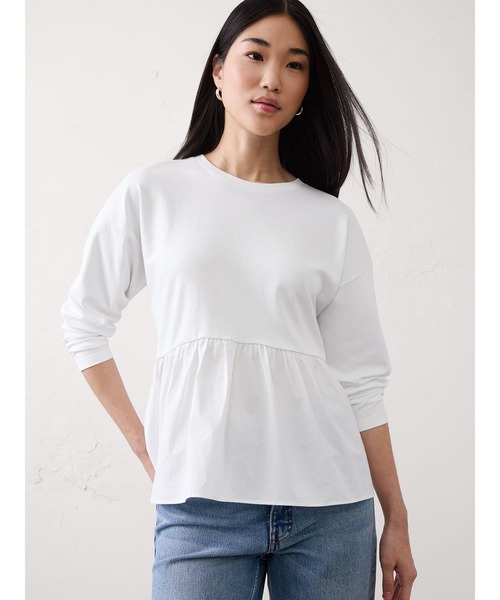 BANANA REPUBLIC FACTORY STORE(バナナリパブリック ファクトリーストア)の「BANANA REPUBLIC FACTORY STORE 日本限定 ミックスメディア ペプラムトップス(Tシャツ/カットソー・レディース・ホワイト/ブラック・S/M/XS/L)」の1枚目の写真