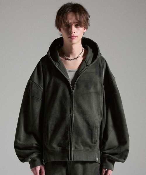 GRANCY（グランシー）の「【GRANCY】Triple Zip Design Dirty Hoodie / トリプルジップデザインダーティパーカー（パーカー・メンズ・ブラウン/グレー/カーキ・S/M/L）」の3枚目の写真