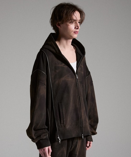 GRANCY（グランシー）の「【GRANCY】Triple Zip Design Dirty Hoodie / トリプルジップデザインダーティパーカー（パーカー・メンズ・ブラウン/グレー/カーキ・S/M/L）」の4枚目の写真