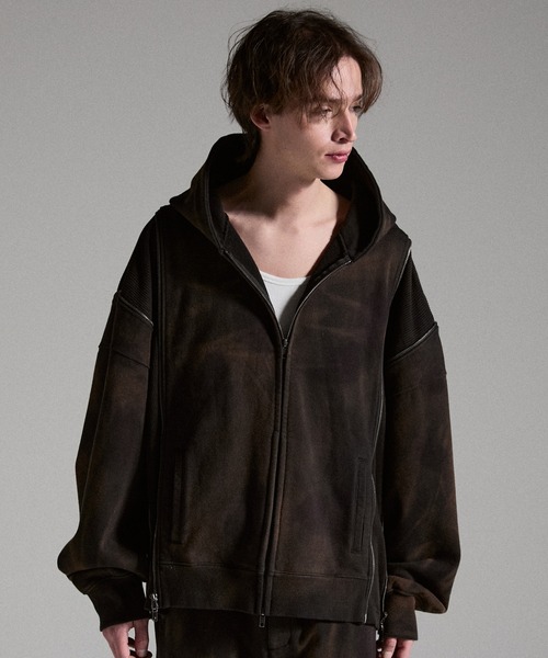 GRANCY（グランシー）の「【GRANCY】Triple Zip Design Dirty Hoodie / トリプルジップデザインダーティパーカー（パーカー・メンズ・ブラウン/グレー/カーキ・S/M/L）」の7枚目の写真