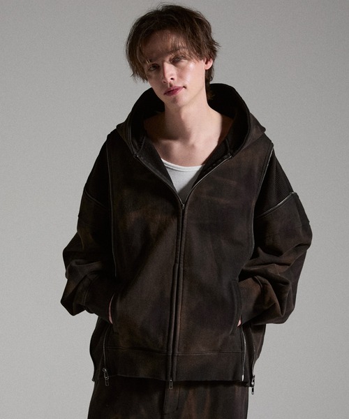 GRANCY（グランシー）の「【GRANCY】Triple Zip Design Dirty Hoodie / トリプルジップデザインダーティパーカー（パーカー・メンズ・ブラウン/グレー/カーキ・S/M/L）」の8枚目の写真