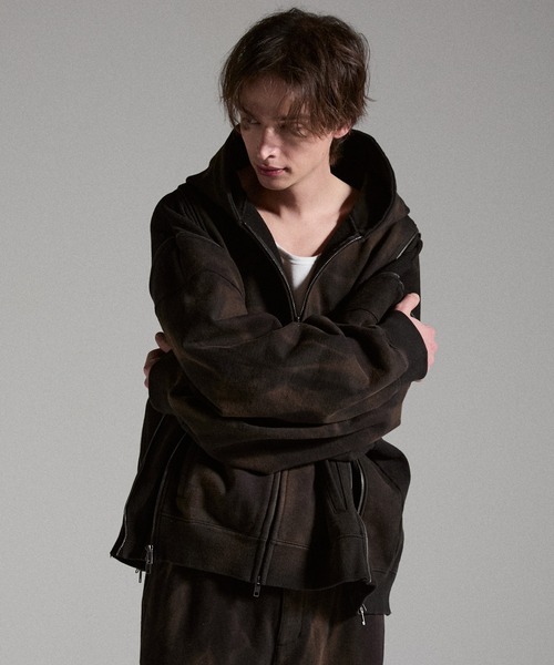GRANCY（グランシー）の「【GRANCY】Triple Zip Design Dirty Hoodie / トリプルジップデザインダーティパーカー（パーカー・メンズ・ブラウン/グレー/カーキ・S/M/L）」の9枚目の写真