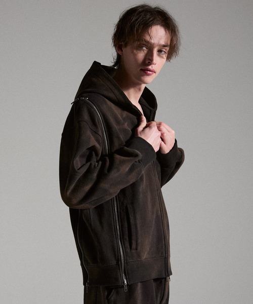 GRANCY（グランシー）の「【GRANCY】Triple Zip Design Dirty Hoodie / トリプルジップデザインダーティパーカー（パーカー・メンズ・ブラウン/グレー/カーキ・S/M/L）」の10枚目の写真