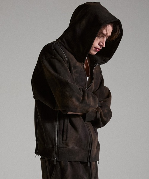 GRANCY（グランシー）の「【GRANCY】Triple Zip Design Dirty Hoodie / トリプルジップデザインダーティパーカー（パーカー・メンズ・ブラウン/グレー/カーキ・S/M/L）」の11枚目の写真