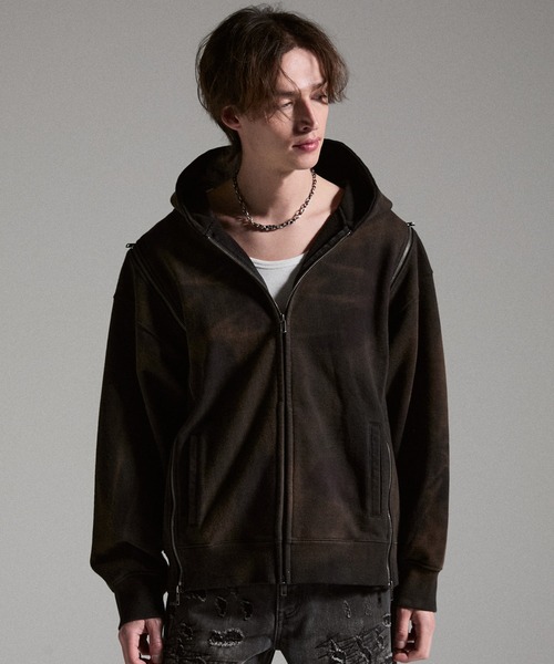 GRANCY（グランシー）の「【GRANCY】Triple Zip Design Dirty Hoodie / トリプルジップデザインダーティパーカー（パーカー・メンズ・ブラウン/グレー/カーキ・S/M/L）」の13枚目の写真