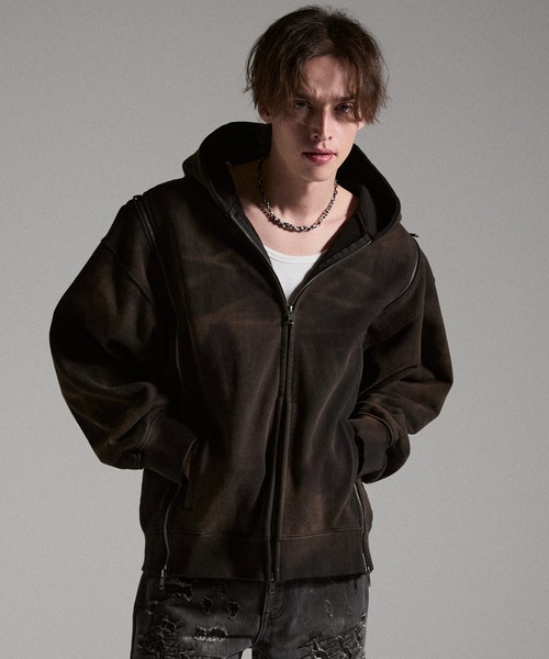 GRANCY（グランシー）の「【GRANCY】Triple Zip Design Dirty Hoodie / トリプルジップデザインダーティパーカー（パーカー・メンズ・ブラウン/グレー/カーキ・S/M/L）」の14枚目の写真