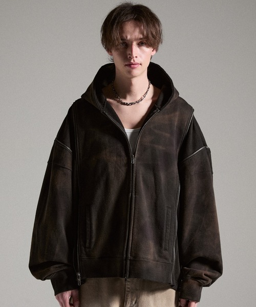 GRANCY（グランシー）の「【GRANCY】Triple Zip Design Dirty Hoodie / トリプルジップデザインダーティパーカー（パーカー・メンズ・ブラウン/グレー/カーキ・S/M/L）」の16枚目の写真