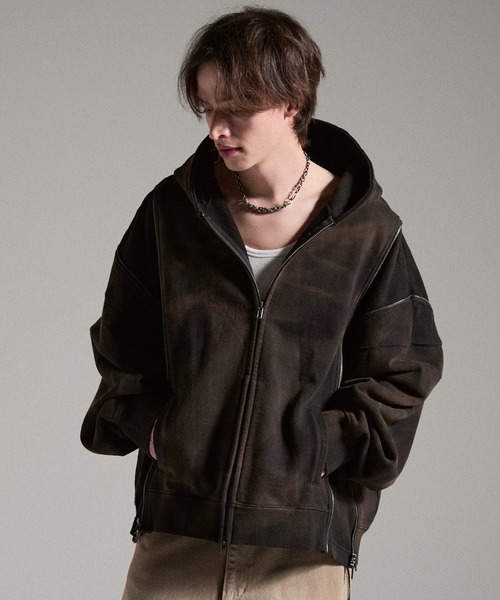 GRANCY（グランシー）の「【GRANCY】Triple Zip Design Dirty Hoodie / トリプルジップデザインダーティパーカー（パーカー・メンズ・ブラウン/グレー/カーキ・S/M/L）」の17枚目の写真