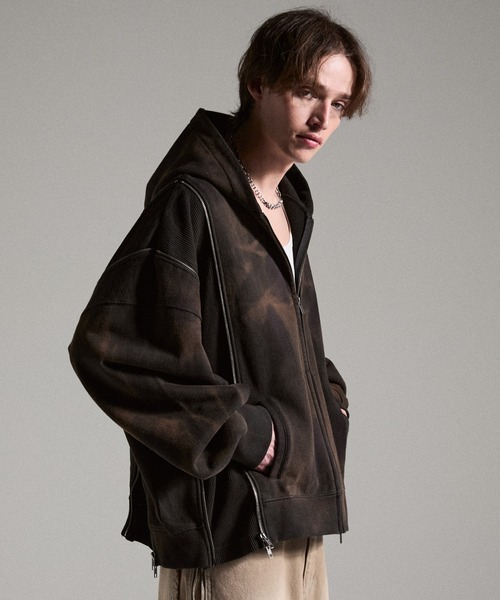 GRANCY（グランシー）の「【GRANCY】Triple Zip Design Dirty Hoodie / トリプルジップデザインダーティパーカー（パーカー・メンズ・ブラウン/グレー/カーキ・S/M/L）」の18枚目の写真