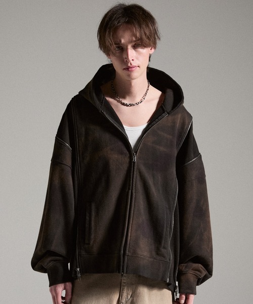 GRANCY（グランシー）の「【GRANCY】Triple Zip Design Dirty Hoodie / トリプルジップデザインダーティパーカー（パーカー・メンズ・ブラウン/グレー/カーキ・S/M/L）」の19枚目の写真