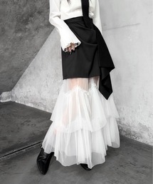 LVEU.（ラブユ.）の「【LVEU.】チュールティアードスカート / ボトムス スカート ロング ティアード シアー シースルー レイヤード フレア ブラック ホワイト モード（スカート）」