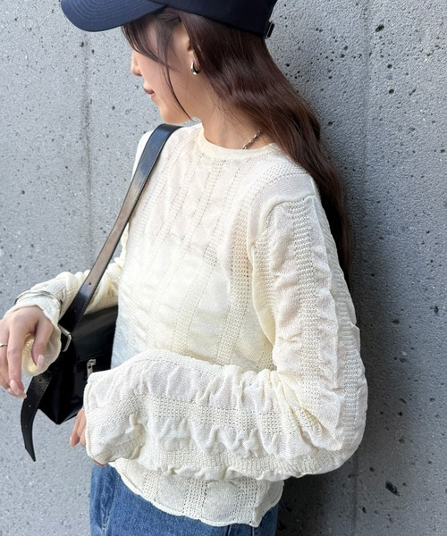 COLONY 2139(コロニートゥーワンスリーナイン)の「ギャザーシアーストライプニット(ニット/セーター・レディース・ライトグレー/ブルー/ブラック/アイボリー/イエロー・FREE)」の1枚目の写真