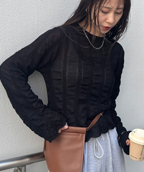 COLONY 2139(コロニートゥーワンスリーナイン)の「ギャザーシアーストライプニット(ニット/セーター・レディース・ライトグレー/ブルー/ブラック/アイボリー/イエロー・FREE)」の2枚目の写真