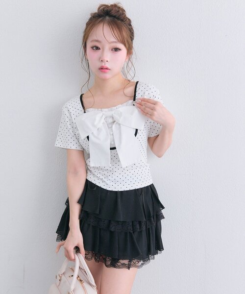 OLIVE des OLIVE(オリーブデオリーブ)の「【1枚で着回し】リボン映え半袖トップス(Tシャツ/カットソー・レディース・ピンク/ブラック/トップグレー/ミント/オフホワイト・FREE)」の21枚目の写真