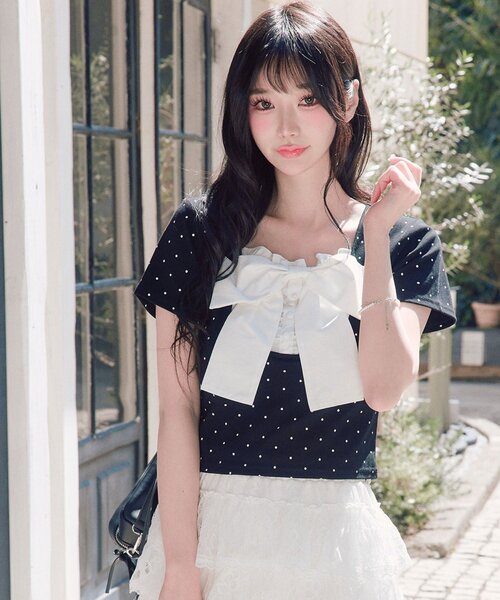 OLIVE des OLIVE(オリーブデオリーブ)の「【1枚で着回し】リボン映え半袖トップス(Tシャツ/カットソー・レディース・ピンク/ブラック/トップグレー/ミント/オフホワイト・FREE)」の16枚目の写真