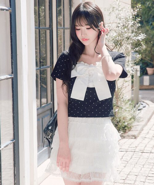 OLIVE des OLIVE(オリーブデオリーブ)の「【1枚で着回し】リボン映え半袖トップス(Tシャツ/カットソー・レディース・ピンク/ブラック/トップグレー/ミント/オフホワイト・FREE)」の15枚目の写真