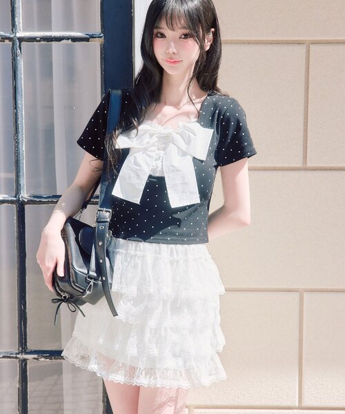 OLIVE des OLIVE(オリーブデオリーブ)の「【1枚で着回し】リボン映え半袖トップス(Tシャツ/カットソー・レディース・ピンク/ブラック/トップグレー/ミント/オフホワイト・FREE)」の14枚目の写真