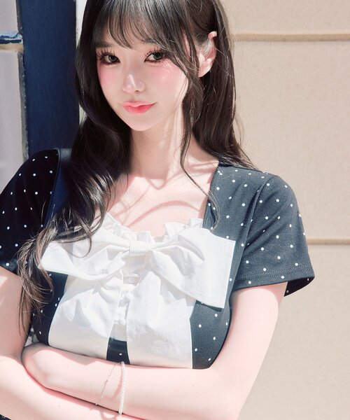 OLIVE des OLIVE(オリーブデオリーブ)の「【1枚で着回し】リボン映え半袖トップス(Tシャツ/カットソー・レディース・ピンク/ブラック/トップグレー/ミント/オフホワイト・FREE)」の13枚目の写真