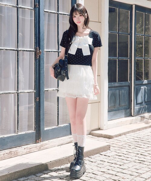OLIVE des OLIVE(オリーブデオリーブ)の「【1枚で着回し】リボン映え半袖トップス(Tシャツ/カットソー・レディース・ピンク/ブラック/トップグレー/ミント/オフホワイト・FREE)」の11枚目の写真