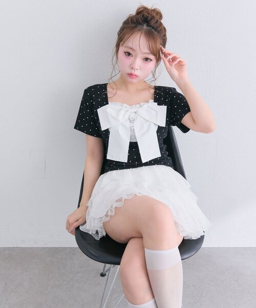 OLIVE des OLIVE(オリーブデオリーブ)の「【1枚で着回し】リボン映え半袖トップス(Tシャツ/カットソー・レディース・ピンク/ブラック/トップグレー/ミント/オフホワイト・FREE)」の9枚目の写真
