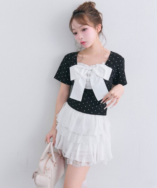 OLIVE des OLIVE(オリーブデオリーブ)の「【1枚で着回し】リボン映え半袖トップス(Tシャツ/カットソー・レディース・ピンク/ブラック/トップグレー/ミント/オフホワイト・FREE)」の8枚目の写真
