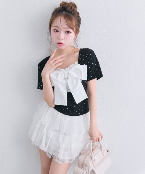 OLIVE des OLIVE(オリーブデオリーブ)の「【1枚で着回し】リボン映え半袖トップス(Tシャツ/カットソー・レディース・ピンク/ブラック/トップグレー/ミント/オフホワイト・FREE)」の7枚目の写真