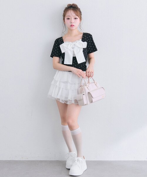 OLIVE des OLIVE(オリーブデオリーブ)の「【1枚で着回し】リボン映え半袖トップス(Tシャツ/カットソー・レディース・ピンク/ブラック/トップグレー/ミント/オフホワイト・FREE)」の6枚目の写真