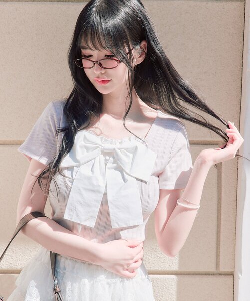 OLIVE des OLIVE（オリーブデオリーブ）の「リボン映え半袖トップス（Tシャツ/カットソー・レディース・ピンク/ブラック/トップグレー/ミント・FREE）」の20枚目の写真