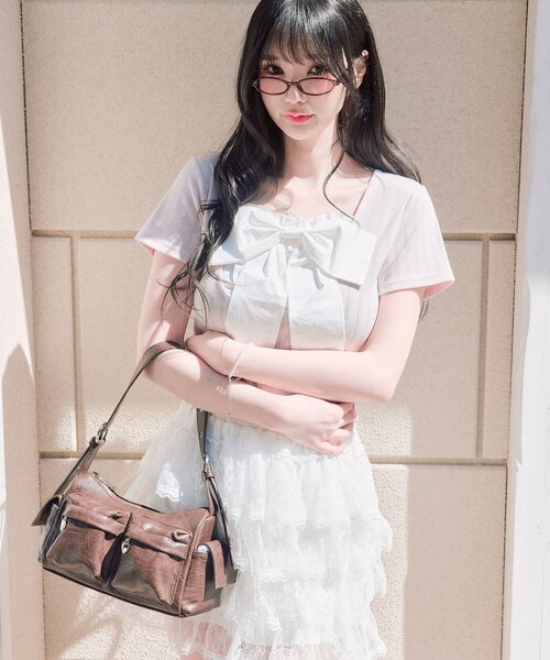 OLIVE des OLIVE（オリーブデオリーブ）の「リボン映え半袖トップス（Tシャツ/カットソー・レディース・ピンク/ブラック/トップグレー/ミント・FREE）」の21枚目の写真