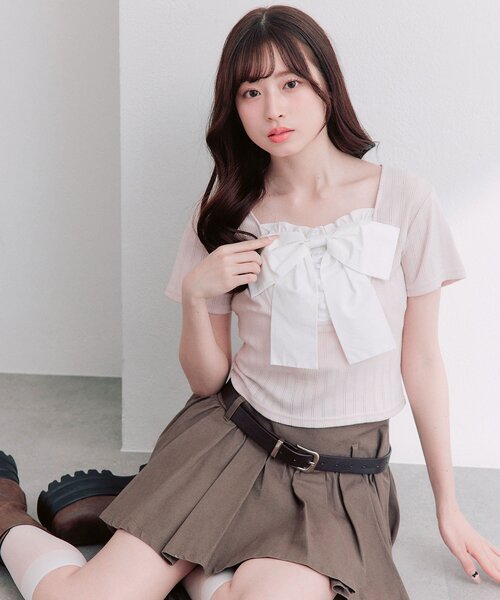 OLIVE des OLIVE（オリーブデオリーブ）の「【1枚で着回し】リボン映え半袖トップス（Tシャツ/カットソー・レディース・ピンク/ブラック/トップグレー/ミント/オフホワイト・FREE）」の22枚目の写真